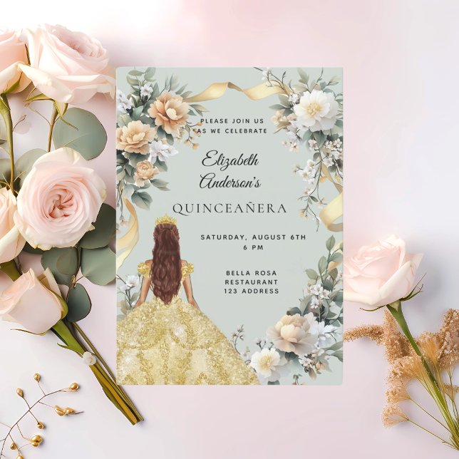 Quinceanera gold dress florals sage green invitation (Creator Uploaded)