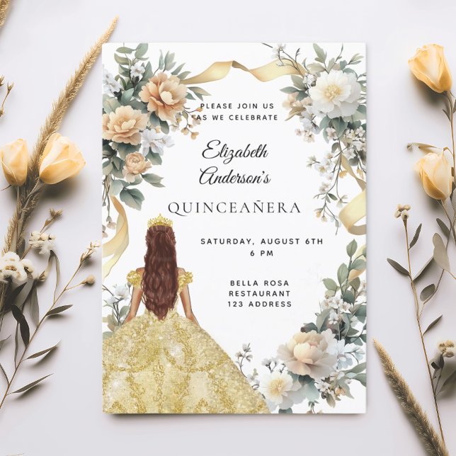 Quinceanera gold dress florals sage green invitation (Creator Uploaded)