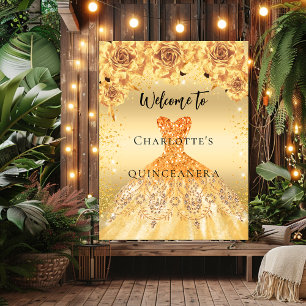 Quinceanera gold dress roses party welcome sign