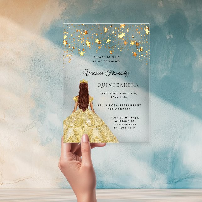 Quinceanera gold dress stars clear acrylic invitations (Creator Uploaded)
