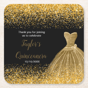 Quinceanera Gold Faux Glitter Square Paper Coaster