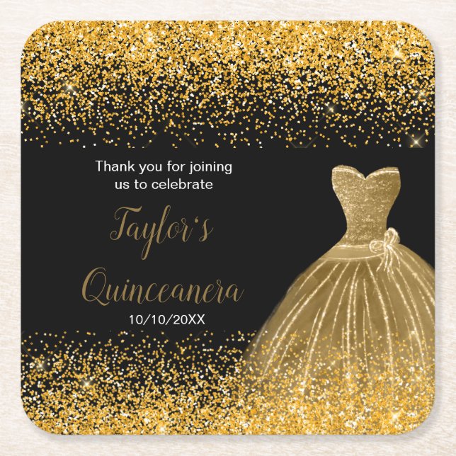 Quinceanera Gold Faux Glitter Square Paper Coaster (Front)