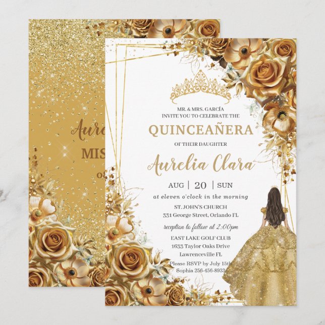 Quinceañera Gold Flowers Floral Princess Dress Invitation (Front/Back)
