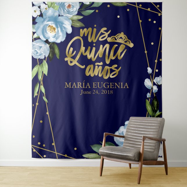 Quinceanera Gold Foil Dark Blue Floral Backdrop Tapestry (In Situ)