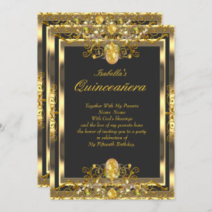 Quinceanera Gold Gems Black 15th Birthday Invitation