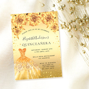 Quinceanera gold  glitter dress floral glamourous invitation