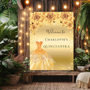 Quinceanera gold glitter dress florals welcome poster