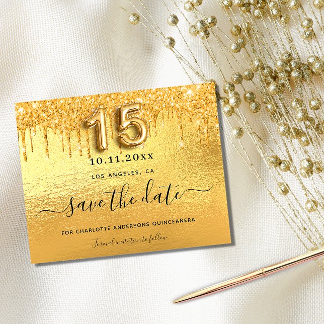 Quinceanera gold glitter drip budget save the date flyer (Creator Uploaded)
