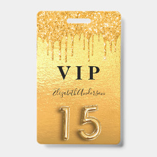 Quinceanera gold glitter drips ID badge