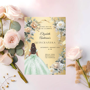 Quinceanera gold green dress florals invitation