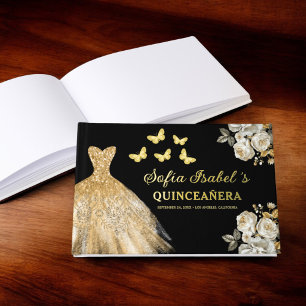 Quinceañera Gold Princess Floral Butterflies Guest Book