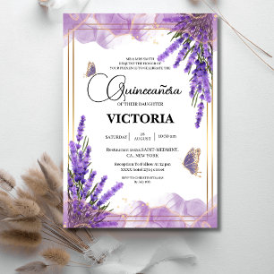 Quinceañera gold Purple lavender Floral Butterfly Invitation