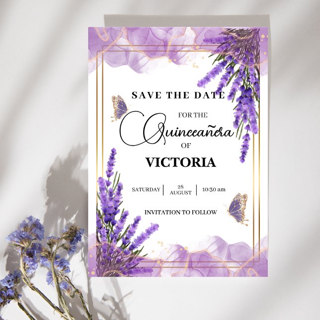Quinceañera gold Purple lavender Floral Butterfly Save The Date (Creator Uploaded)