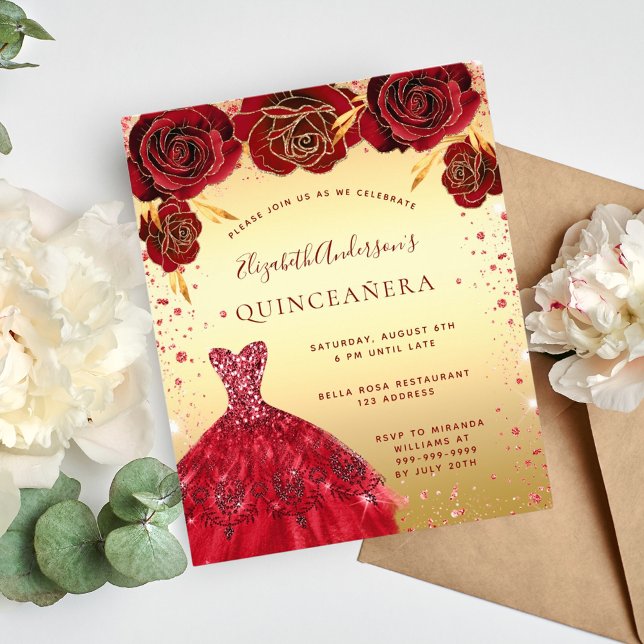 Quinceanera gold red glitter dress floral budget flyer (Creator Uploaded)