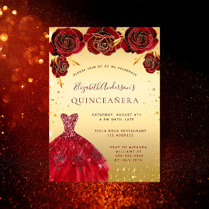Quinceanera gold red glitter dress florals invitation