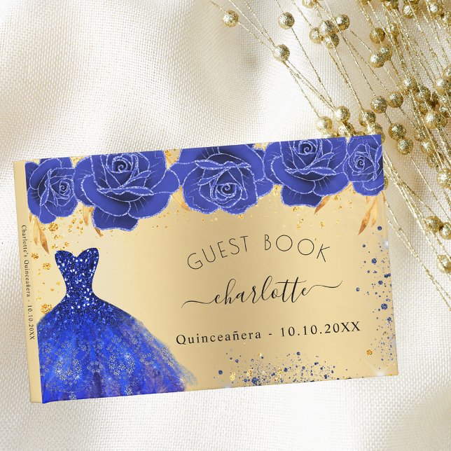 Quinceanera gold royal blue dress flowers glitter guest book (Creator Uploaded)