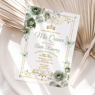 Quinceañera Gold & Sage Green Mexican Butterfly Invitation