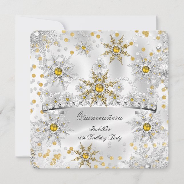 Quinceanera Gold Silver Snow Winter Wonderland Invitation (Front)