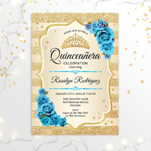 Quinceanera - Gold Stripes Blue Invitation