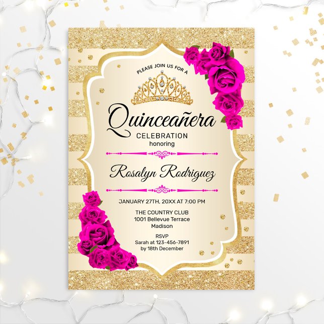 Quinceanera - Gold Stripes Pink Invitation (Creator Uploaded)