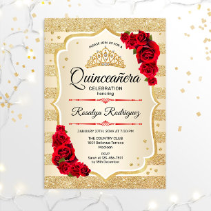 Quinceanera - Gold Stripes Red Invitation