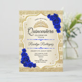 Quinceanera - Gold Stripes Royal Blue Invitation (Standing Front)