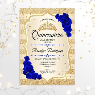 Quinceanera - Gold Stripes Royal Blue Invitation