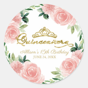 Quinceanera Gold Tiara Blush Pink Floral Classic Round Sticker