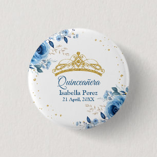 Quinceanera Gold Tiara Glitter and Blue Floral 3 Cm Round Badge