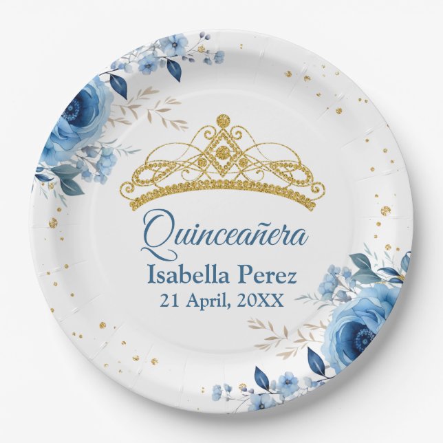 Quinceanera Gold Tiara Glitter and Blue Floral Paper Plate (Front)