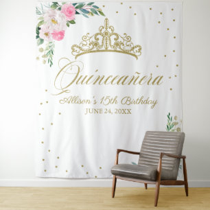 Quinceanera Gold Tiara Hot Pink Floral Backdrop Tapestry