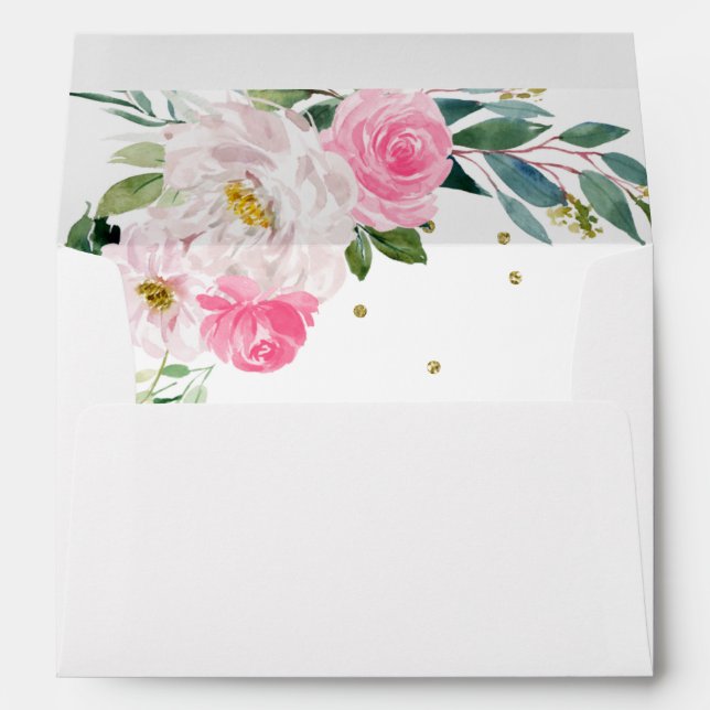 Quinceanera Gold Tiara Hot Pink Floral Envelope (Back (Bottom))