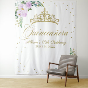 Quinceanera Gold Tiara Lilac Floral Backdrop Tapestry