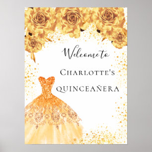 Quinceanera gold white dress florals party welcome poster