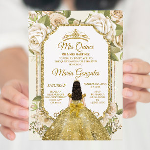 Quinceanera Gold & White Floral Birthday Crown Invitation