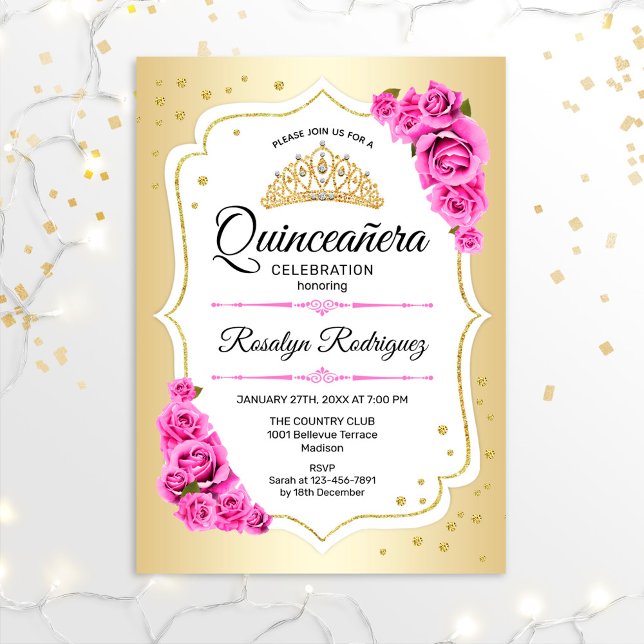 Quinceanera - Gold White Pink Invitation (Creator Uploaded)