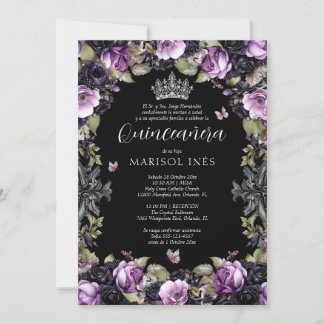 Quinceañera Gótica Morada y Negra con Flores Moody Invitation