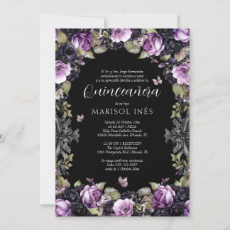 Quinceañera Gótica Morada y Negra con Flores Moody Invitation