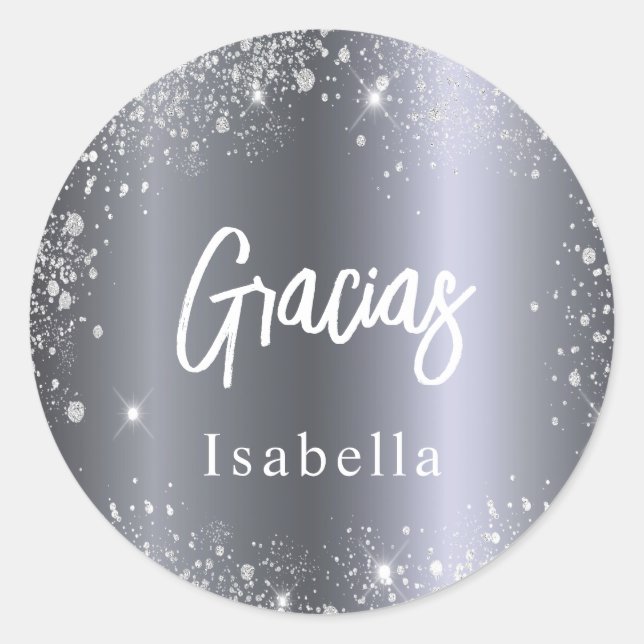 Quinceanera gracias silver glitter name classic round sticker (Front)