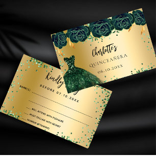 Quinceanera green dress flowers gold RSVP card