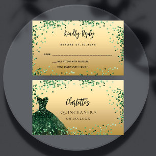 Quinceanera green dress gold RSVP card