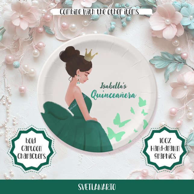 Quinceañera Green Elegant Princess Paper Plate (Creator Uploaded)