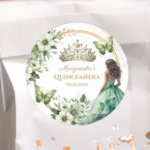 Quinceañera Green Floral Butterfly Gold Tiara Classic Round Sticker