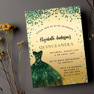 Quinceanera green gold dress elegant invitation
