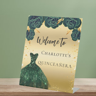 Quinceanera green gold dress flowers welcome pedestal sign
