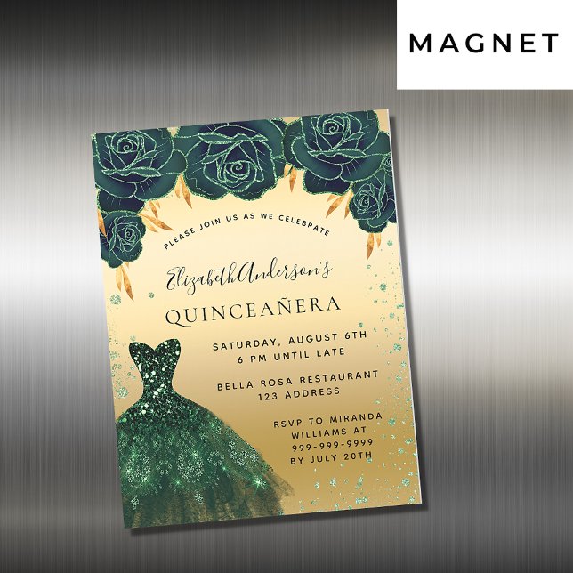 Quinceanera green gold dress invitation magnet (Creator Uploaded)