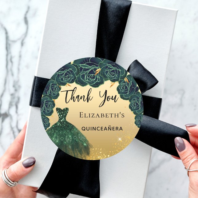 Quinceanera green gold dress Thank You Classic Round Sticker (Creator Uploaded)