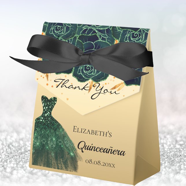 Quinceanera green gold florals dress thank you favour box (Creator Uploaded)