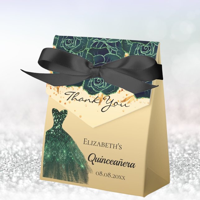 Quinceanera green gold florals dress thank you favour box (Creator Uploaded)