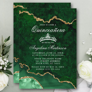 Quinceanera Green Gold Marble Agate Geode Invitation